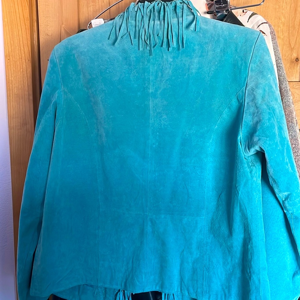 Turquoise Blue suede jacket with fringe trim M - Picture 3 of 4
